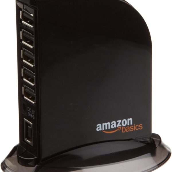 Amazon Basics 7 Port USB 2.0 Hub Tower with 5V/4A Power Adapter, Black