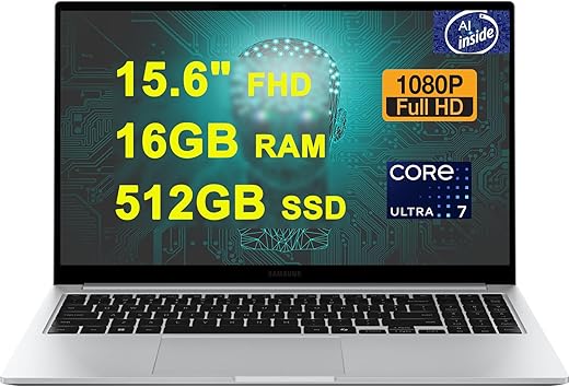 SAMSUNG Galaxy Book 4 Business Copilot AI PC Laptop 15.6" FHD Intel 10-core Ultra 7 150U (>i7-1335U) 16GB RAM 512GB SSD Backlit Fingerprint USB-C Long-Lasting Battery Win11 Silver