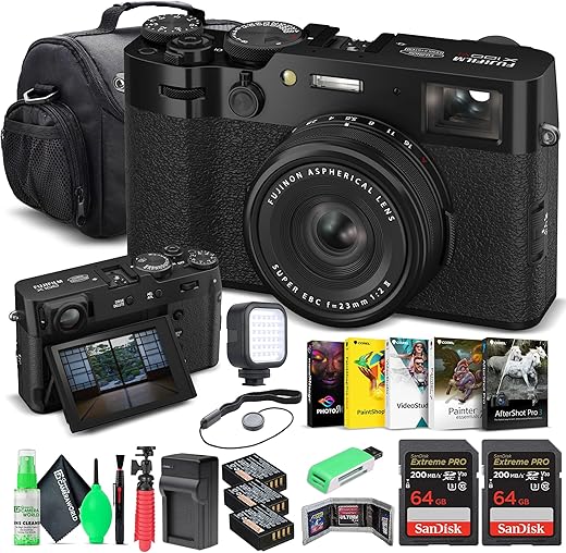 FUJIFILM X100VI Digital Camera (Black) (16821913) + 2 x 64GB Card + Card Reader + 2 x NP-W126 Battery + Charger + LED Light + Photo Software + Carry Case + Flex Tripod + Memory...