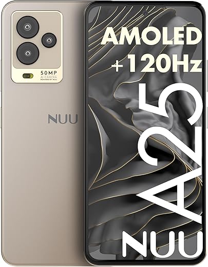 NUU A25 AMOLED 120Hz 6.7" Phone for T-Mobile, ATT, Cricket, Mint, Ultra, Metro, Gaming Phones, Octa-Core Helio G99, 4G/LTE Dual SIM, 6GB + 128GB 50MP Camera, Champagne,...