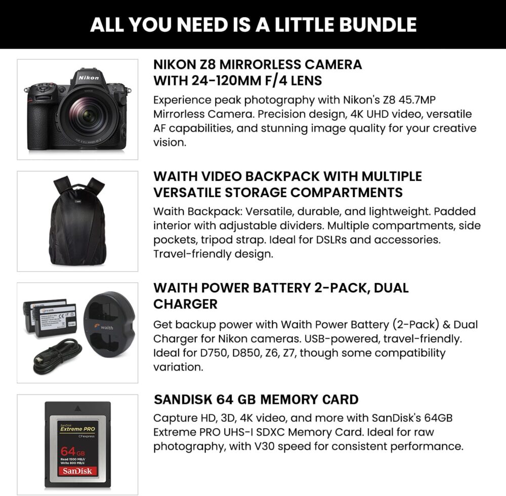 Nikon Z8 Mirrorless Digital Camera with NIKKOR Z 24-120mm f/4 S Lens, Waith Power Battery (2-Pack) + Dual Charger, 64GB Type-B Memory Card & Waith Backpack with Multiple compartments Bundle Set - Image 7