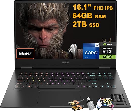 HP Omen 16 Gaming Laptop 16.1" FHD 165Hz (sRGB 100%, G-SYNC) Intel 24-core i9-13900HX 64GB RAM 2TB SSD GeForce RTX 4060 8GB RGB Backlit Thunderbolt FHD Privacy Camera Fast...