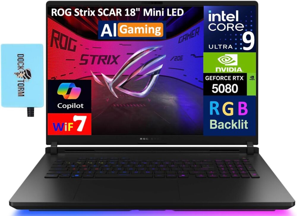 ASUS ROG Strix Scar AI Gaming Laptop 18" 240Hz Mini LED WQXGA Display (Intel Ultra 9-275HX, NVIDIA GeForce RTX 5080 16GB, 32GB DDR5, 2TB SSD, RGB KB, Win 11 Pro) w/DKZ USB Port...