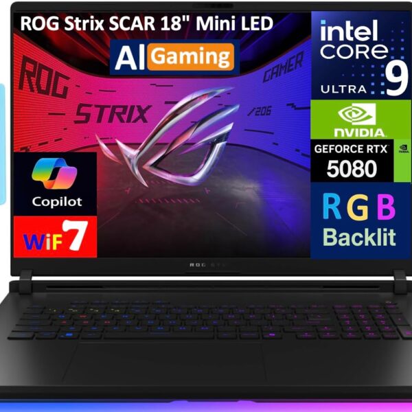 ASUS ROG Strix Scar AI Gaming Laptop 18" 240Hz Mini LED WQXGA Display (Intel Ultra 9-275HX, NVIDIA GeForce RTX 5080 16GB, 32GB DDR5, 2TB SSD, RGB KB, Win 11 Pro) w/DKZ USB Port...