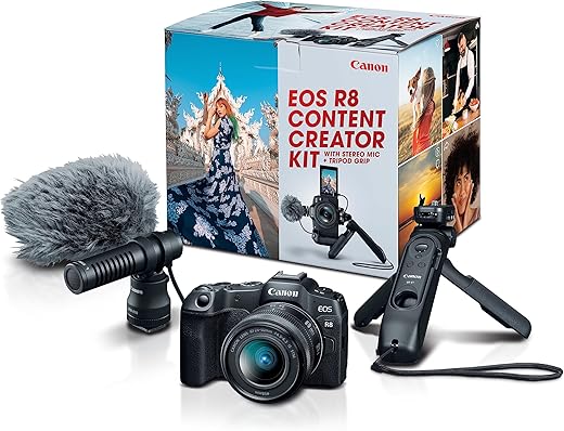 Canon EOS R8 Content Creator Kit, Full-Frame Hybrid Mirrorless Camera with Tripod & Stereo Microphone, 24.2 Megapixel CMOS Image Sensor, 4K Video, RF Mount, Vlogging Camera, Black